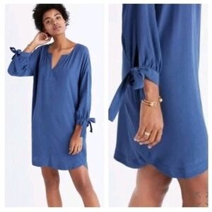 Madewell Du Jour Tie Sleeve Tunic Dress XS Smoke Blue Pockets Crepe Mini Top